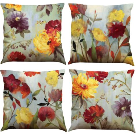 Lot de 4 housses de coussin 45 x 45 cm - Motif floral - En coton et lin - Décoration d'extérieur (1/5)