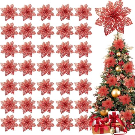 Lot de 36 décorations de Noël en forme de poinsettia à paillettes pour sapin de Noël, 4", fleurs artificielles en soie pour couronnes de Noël, décoration de vacances (rouge) (1/5)