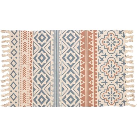 Umnuou – Tapis en coton tissé à la main 60x90 cm – Motif géométrique – Franges décoratives – Pour salon, chambre et entrée