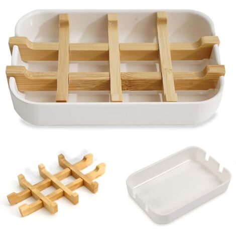 Porte Savon en Bambou Bois, Naturel Bamboo Wood Soap Dish Holder Soap Saver Box pour Shower, Carre Artisanal Porte Boîte Panier Savon Solide Main pour Douche Lavabo Cuisine Evier (Blanc)