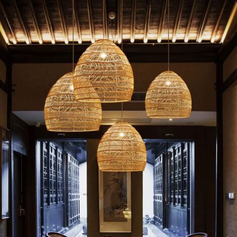 Lustre Suspension Bambou Tressé 60cm - Luminaire Vintage Rotin Naturel Hauteur Réglable Pour Salon Et Restaurant