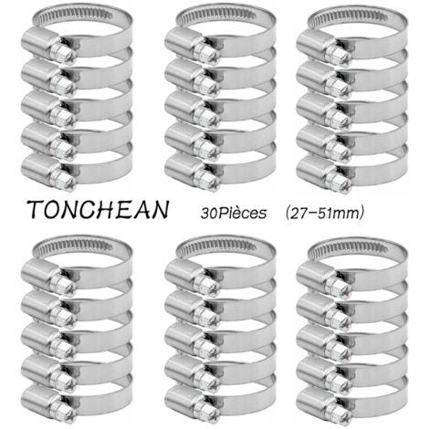 TONCHEANCollier de Serrage Tuyau Réglable 27-51mm Gamme en Acier Inoxydable 304 Assortiment Tuyau Pinces Clips pour Famille Tuyau D'eau, Home Gaz, Tube D'automobiles, Robinet 30 Pièces (12mm)