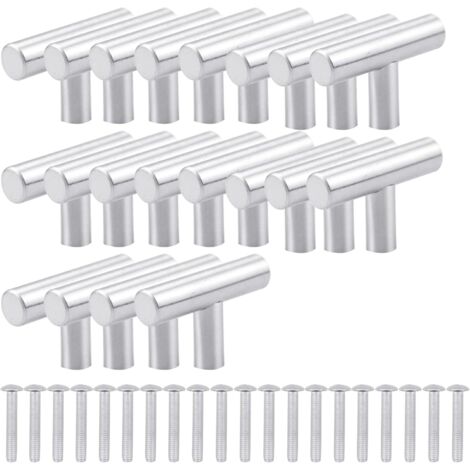 Lot de 20 poignées de meubles de cuisine en acier inoxydable brossé en forme de T avec vis, boutons de cuisine en acier inoxydable pour tiroirs, placards, placards, décoration d'intérieur (argent) TON (1/5)
