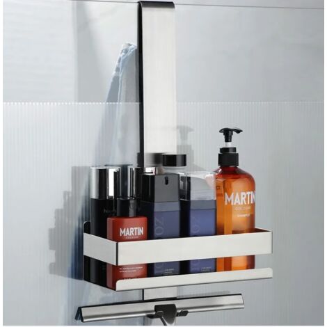 Galozzoit – Panier de douche suspendu en acier inoxydable SUS 304 – Support 2 en 1 avec crochets – Compatible verre jusqu'à 12mm – Taille étagère 23x10x6,5cm (1/5)