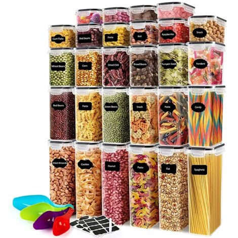 Lot de 28 Boîtes Hermétiques Aliments avec Étiquettes pour Organisation Garde-Manger Céréales Pâtes Farine Sucre (1/5)