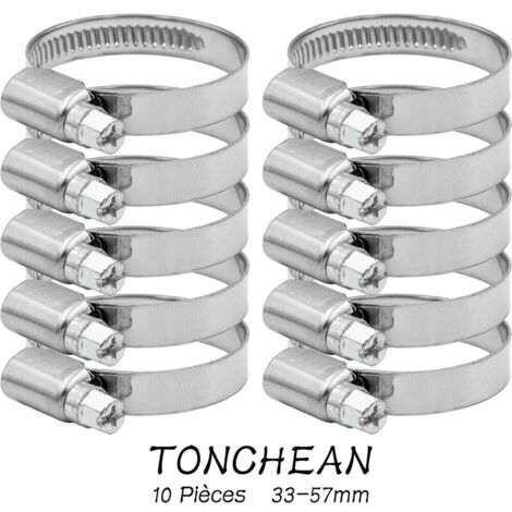 TONCHEAN Collier de Serrage Tuyau Réglable 33-57mm Gamme en Acier Inoxydable 304 Assortiment Tuyau Pinces Clips pour Famille Tuyau D'eau, Home Gaz, Tube D'automobiles, Robinet 10 Pièces (12mm)