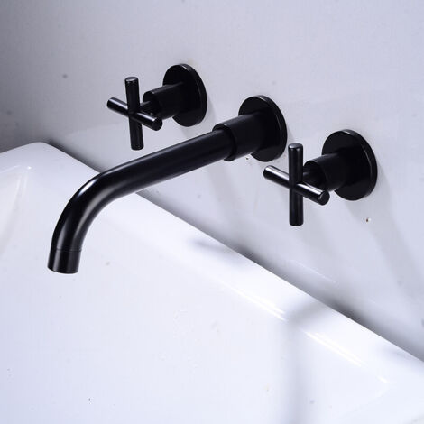 Mitigeur de lavabo Robinet de salle de bain mural noir mat mitigeur de lavabo en laiton à double poignée avec valve brute incluse (1/4)