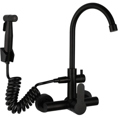 Robinet de cuisine noir avec pistolet pulvérisateur et 2 types de jets d'eau Montage mural Mitigeur Encastré Monocommande en acier inoxydable 304 avec bec haut pivotant à 360° (1/5)