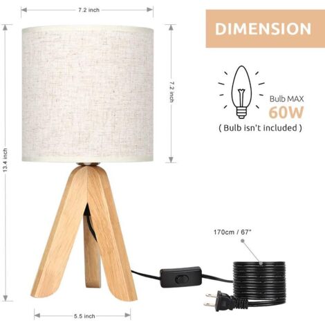 Lampe De Chevet Trépied En Bois Avec Abat-Jour Lin - 6W LED Blanc Chaud Incluse