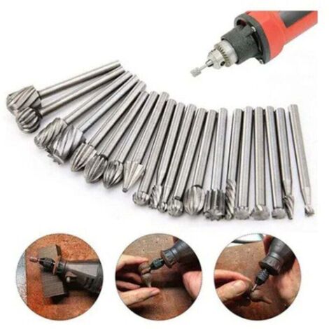Ensemble de 20 fraises rotatives HSS, matrice de coupe en carbure de tungstène, queue de 3 mm (1/8 pouce), fraises Dremel pour le travail du bois, la découpe et le perçage.