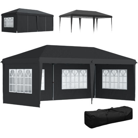 Pavillon pliable et étanche d'environ 3 x 6 m, avec 4 panneaux latéraux, fenêtre, protection UV et sac de transport, noir.
