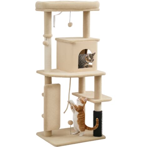 Arbre à chat, tour de jeux, hauteur de 132 cm, avec lit, maison, brosse de toilettage,  55 x 44 x 132 cm, beige