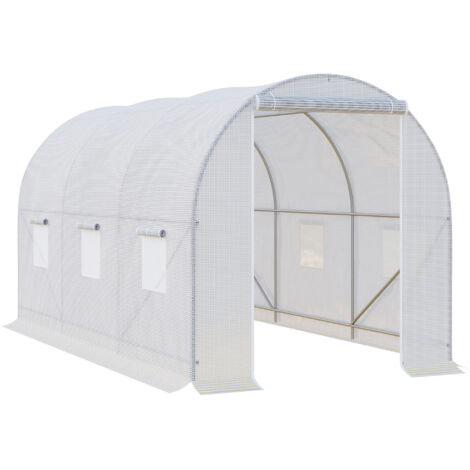 Outsunny Serre de Jardin Tunnel Surface Sol 7 m² 3,5L x 2l x 2H m châssis Tubulaire renforcé 18 mm 6 fenêtres Blanc