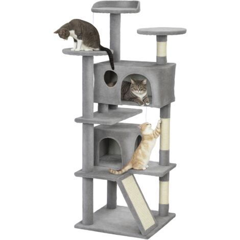 Arbre à chat hauteur 138 cm, tour de jeux pour chats avec griffoir, plate-formes, 2 niches, 49 x 49 x 138 cm gris clair