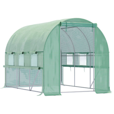 Serre de jardin tunnel serre tunnel 6 m² avec 6 fenêtres porte enroulable toile PE structure en acier galvanisé vert