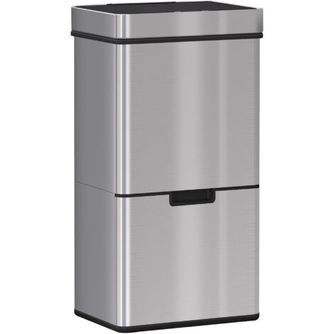 Poubelle à capteur de mouvement 47 L + 2 bacs de 12,5 L, système de tri des déchets en acier inoxydable étanche pour la cuisine, couleur argent.