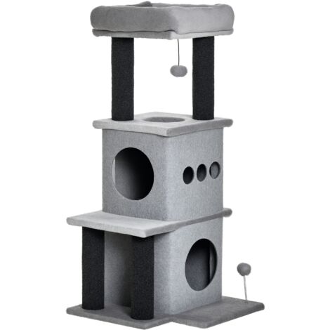 Arbre à chats design cosy chic multi-équipements centre d'activités niches plateformes lit jeu boule feutres amovibles lavables panneaux de particules peluche courte 48 x 48 x 100 cm gris