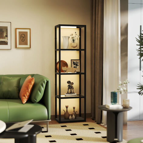 Lampadaire LED avec étagère à 4 niveaux, étagère éclairée avec 4 compartiments en verre, interrupteur au pied, MDF, noir (1/5)