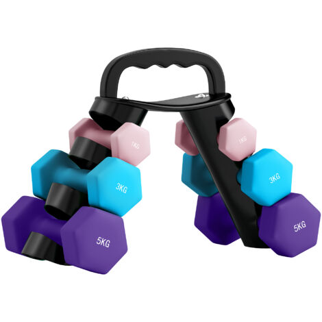 Lot d'haltères hexagonaux, haltères musculation, 2 x 1 kg, 2 x 3 kg, 2 x 5 kg, avec support convertible d'haltères (1/5)