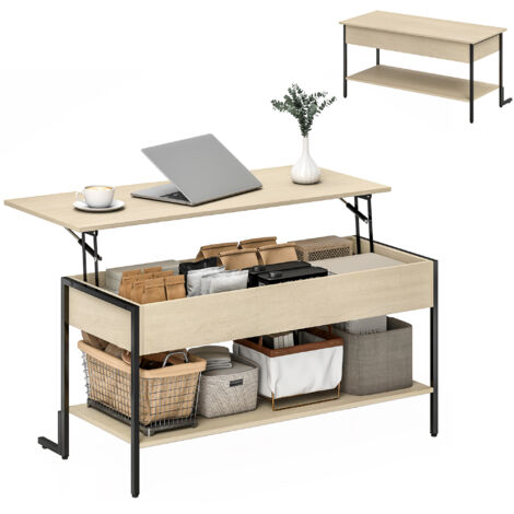 Table basse avec plateau relevable, table de salon avec compartiment caché et étagère ouverte, 95x40x59cm, bois naturel (1/4)