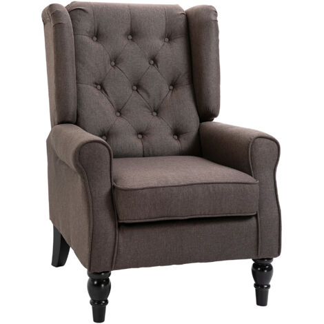 Fauteuil de salon capitonné avec assise large, pieds en bois, style classique, grand confort, 74 x 86 x 102 cm, marron (1/4)