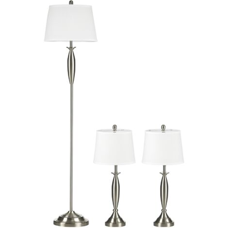 Ensemble de luminaires 3 pièces. 1 lampadaire, 2 lampes de table, aspect lin 38 cm x 38 cm x 158 cm, argent et blanc (1/5)