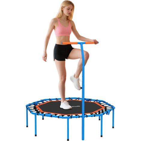 Trampoline de fitness, trampoline d'entraînement avec barre de maintien réglable, stable et silencieux, pour une utilisation en intérieur, en acier, bleu (1/5)