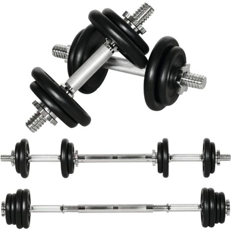 Haltère , barre d'haltères 2 en 1, 20 kg, 8 disques de poids, acier inoxydable, fer, noir, 95 x 16 x 16 cm (H) (1/5)