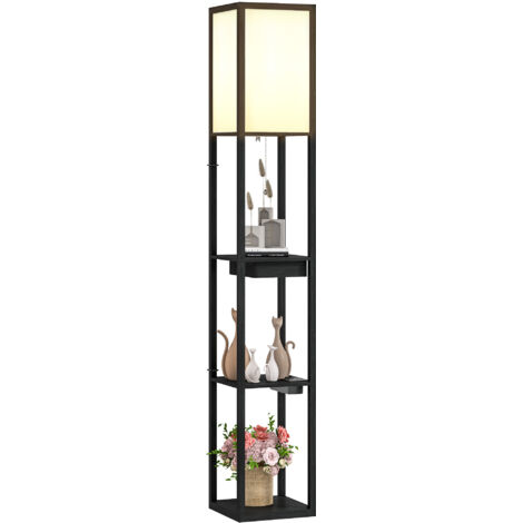Lampadaire avec étagère à 3 niveaux, interrupteur au pied, ports USB, MDF, noir (1/5)