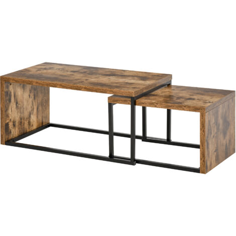Lot de 2 Tables Basses gigognes Design Industriel encastrable dim. Grande Table 90L x 48l x 42H cm métal Noir Aspect Vieux Bois (1/4)