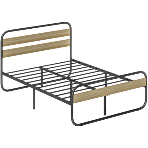 Lit double 140 x 190 cm, cadre de lit en acier style industriel, tête de lit et sommier inclus, aspect bois (1/4)