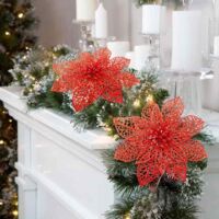 Poinsettias 14cm Clips Tiges 15 Fleurs Poinsettia Pailletées - Décoration Noël - Arbre, Couronne, Guirlande - 14 Cm - Multicolore Guirlande Poinsettia