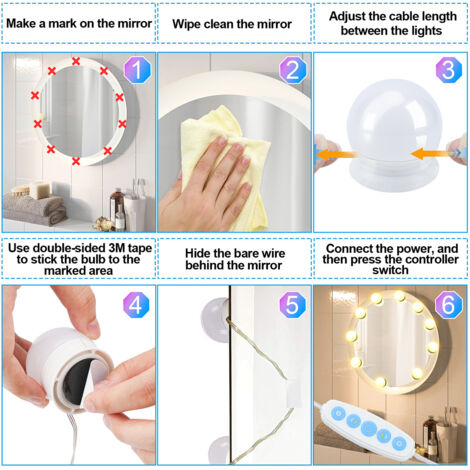 10 Ampoules LED Pour Miroir Maquillage Dimmables USB - 3 Températures Couleur Ajustables 3000K-9000K Stick-On