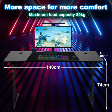 YUENFONG Table De Gaming 140 X 60 Cm - Bureau PC Fibre De Carbone Noir Avec Porte-Gobelet Et Crochet Casque