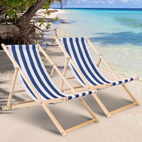 VINGO Chaise longue Chaise longue de plage Chaise de jardin Pliable Bois Chaise longue de plage Bleu Blanc 2 pièces (1/7)