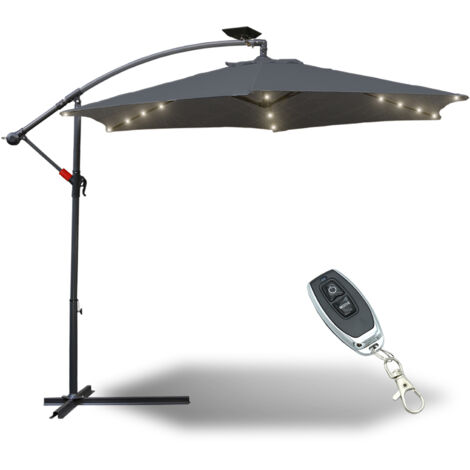 Swanew – Parasol déporté 300 cm avec LED solaire – Manivelle – Résistant aux intempéries – Acier et polyester gris – 24 lumières LED