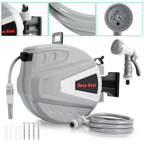Enrouleur De Tuyau 20+2m Pression 8Bar Raccord 1/4"avec Pistolet à Eau (9 Modes de Jet Réglables) Rétractation Automatique Pneumatique Pivotant à 180° (1/5)