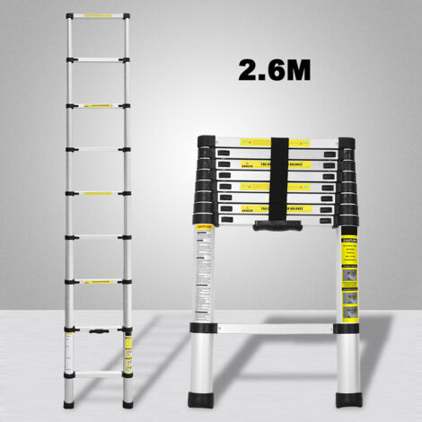 SWANEW Echelle Télescopique 2,6M Silber Échelle pliante télescopique pliable extensible Échelle droite simple charge max. 150 kg (1/4)