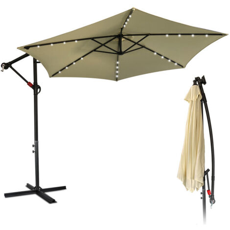 Parasol avec LED 350 cm avec protection UV 30+ Manivelle Pliable Alu Rond Balcon Terrasse Parasol à manivelle Marché Beige (1/6)