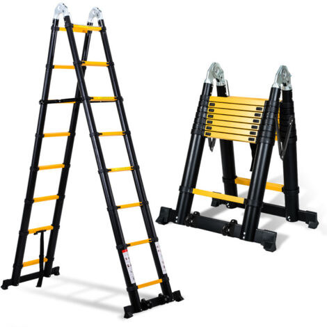 SWANEW Échelle télescopique Échelle pliante Aluminium Escabeau sans crochets Avec stabilisateur Avec roues 2,5m+2,5m noir+jaune (1/4)