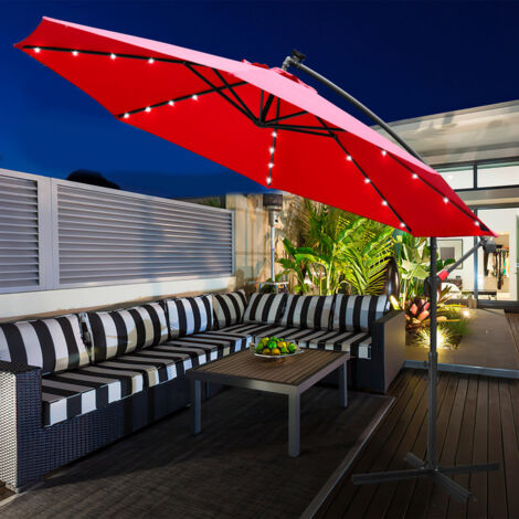 3.5m Parasol avec LED Parasol de jardin hydrofuge avec manivelle Jardin UV40+ Balcon Extérieur, Rouge (1/6)