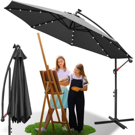 3m Parasol avec LED Parapluie de jardin Terrasse UV30+ Parasol de marché,Gris (1/5)