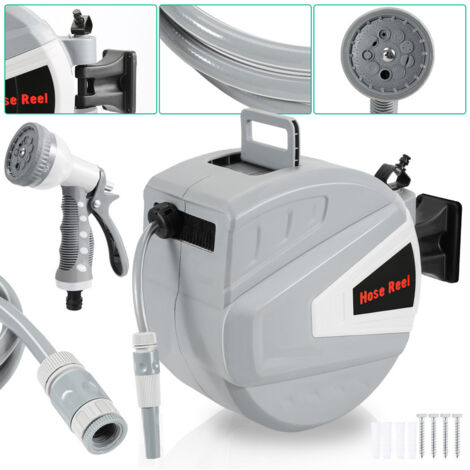Enrouleur De Tuyau 30+2m Pression 8Bar Raccord 1/4"avec Pistolet à Eau (9 Modes de Jet Réglables) Rétractation Automatique Pneumatique Pivotant à 180° (1/6)
