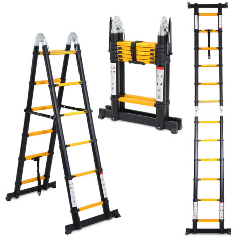SWANEW Échelle Multi-Fonction Télescopique Aluminium 5M Échelle Pliable Portable et Pliante(2.5M+2.5M), Jaune+Noir (1/5)