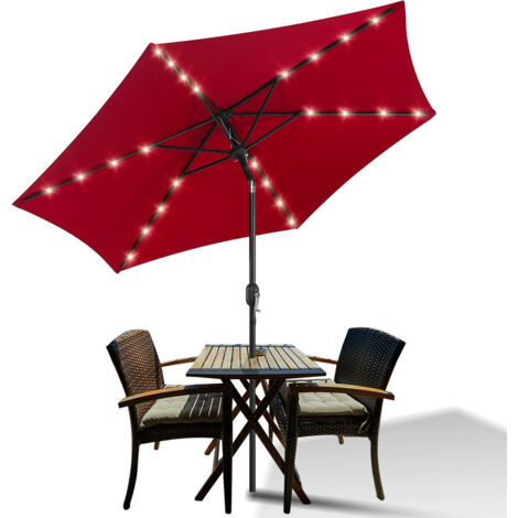 Parasol droit d’Extérieur 2.7m - mât central en aluminium orientable et manivelle d'ouverture, Rouge, vec 36 LED Solaire (1/5)