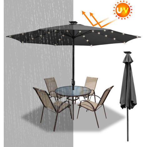 Parasol droit rond Ø270cm - mât central en aluminium orientable et manivelle d'ouverture, Gris, Parasol de plage, vec 36 LED Solaire (1/5)