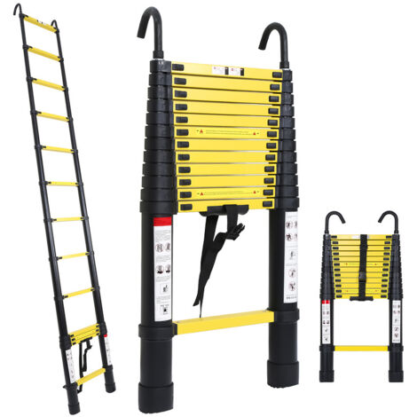 SWANEW Échelle télescopique télescopique en aluminium de 3,8 m - Escabeau extensible, Échelle de grenier avec crochet noir jaunâtre (1/6)