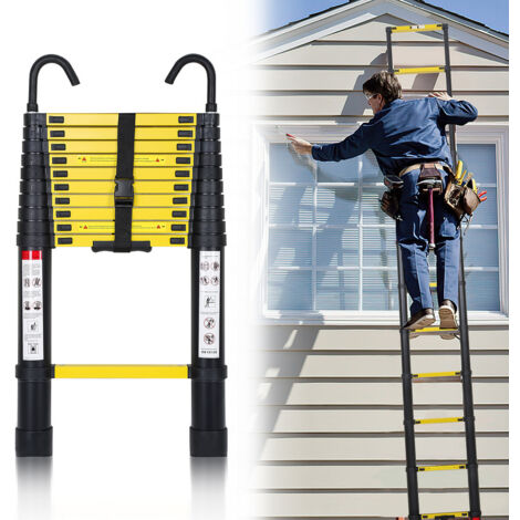 Échelle télescopique avec crochet escabeau noir+jaune Portable Pliante 3,2m (1/5)