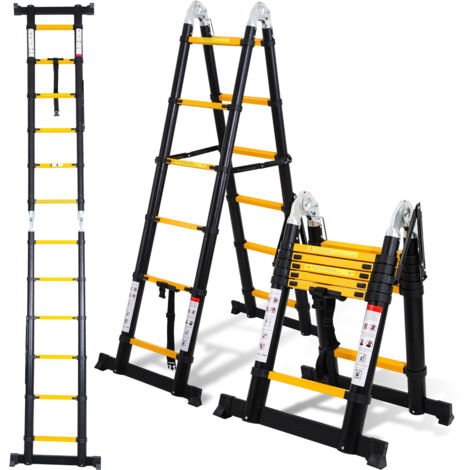 SWANEW Échelle télescopique Aluminium 1,9m+1,9m Argent sans crochets Avec stabilisateur charge max. 150 kg - Argent (1/5)