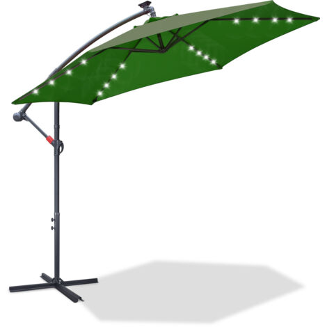 Parasol avec LED 350 cm vert - avec manivelle & support - protection UV hydrofuge pliable - parasol de plage parasol de marché (1/5)